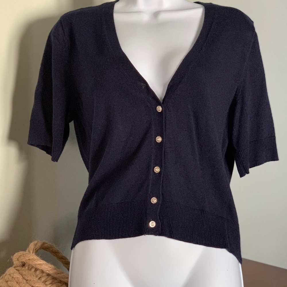 NY&C navy short sleeve button up sweater top.